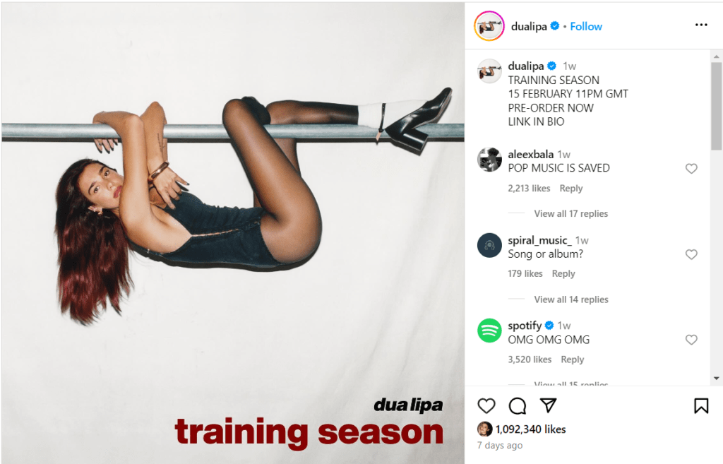 Dua Lipa's new single "Training Session" instagram