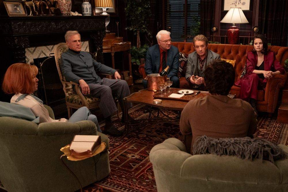Christoph Waltz, Renee Zellweger, Logan Lerman, Martin Short, Steve Martin, and Selena Gomez in Only Murders in the Building