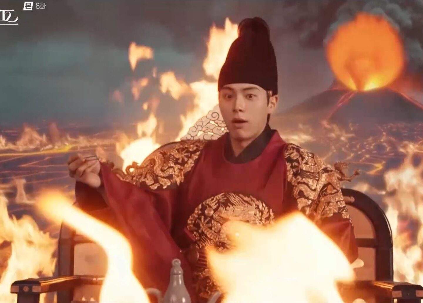 King Lee Heon with fire around him after tasting the dish prepared by the Ming cooks