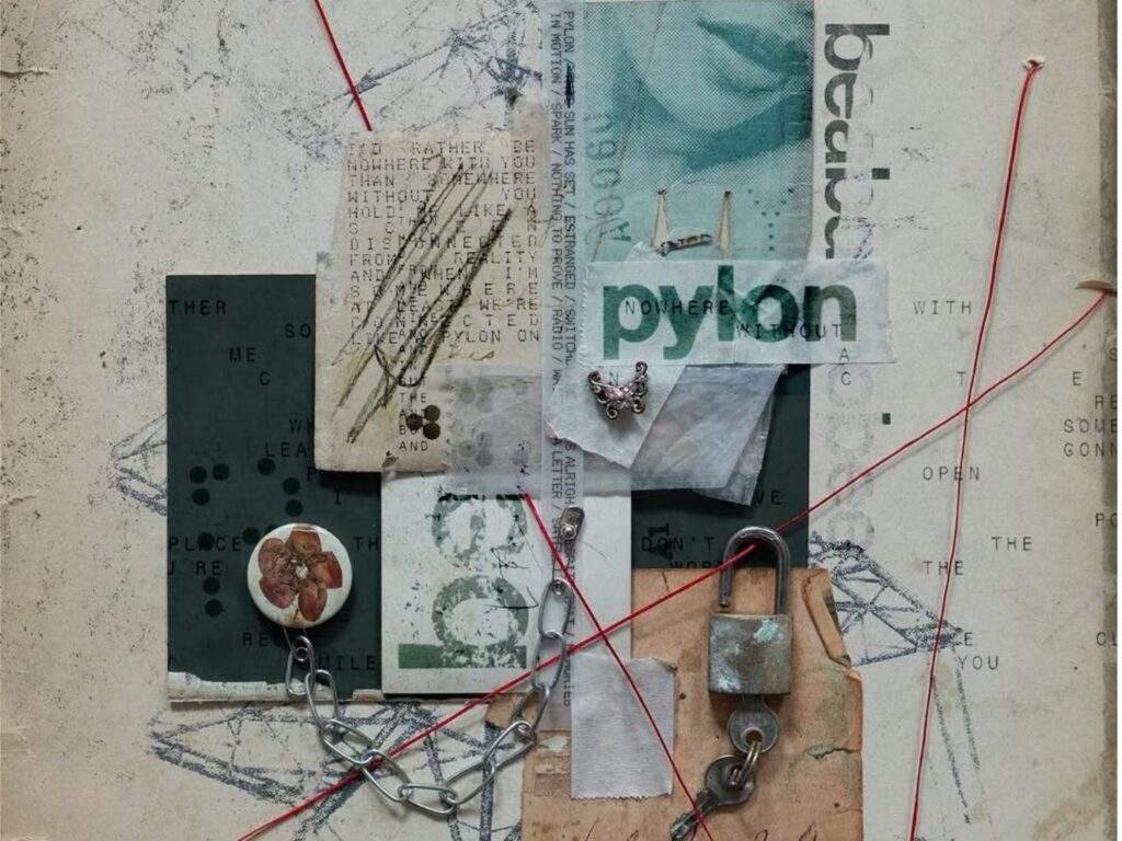The Pylon album cover features a layered collage of torn paper, faded text, sketches, and mixed-media textures in muted gray, green, and beige tones. Red string weaves across the artwork, connecting a chain, padlock, butterfly charm, and other found objects, creating a scrapbook-like composition with the album title prominently displayed in dark green lettering.