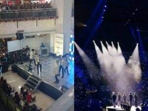 Side-by-side images show SB19's rise from performing on a small shopping mall stage before a modest crowd to headlining a packed Philippine Arena concert with thousands of fans under bright stage lights.