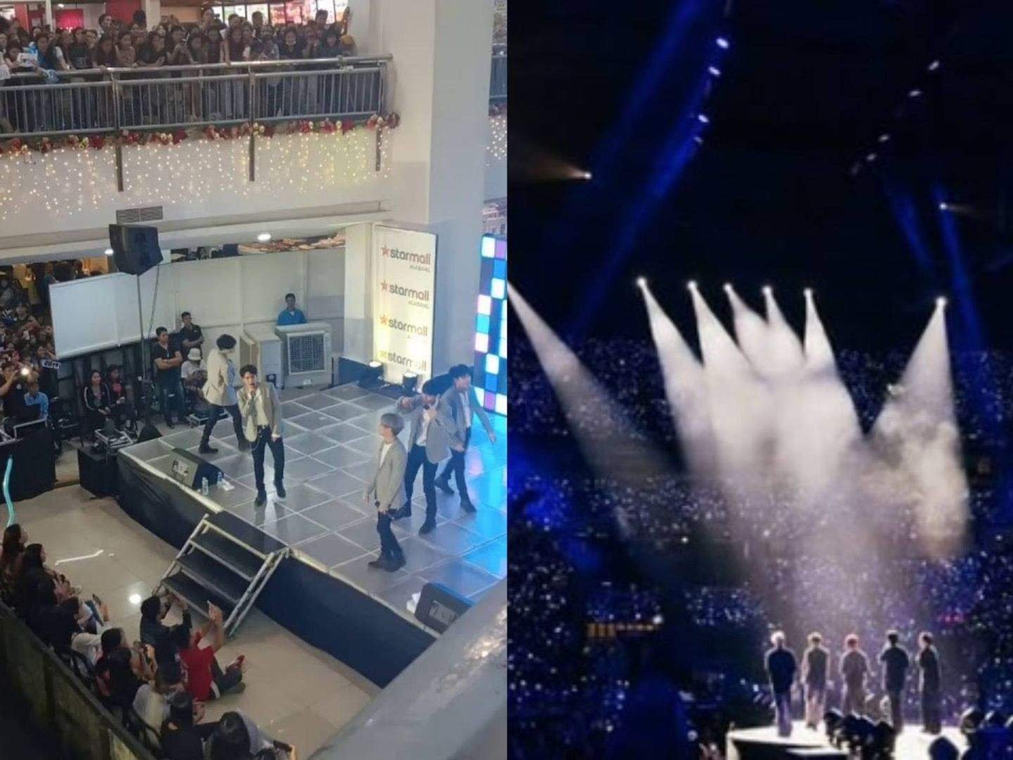 Side-by-side images show SB19's rise from performing on a small shopping mall stage before a modest crowd to headlining a packed Philippine Arena concert with thousands of fans under bright stage lights.