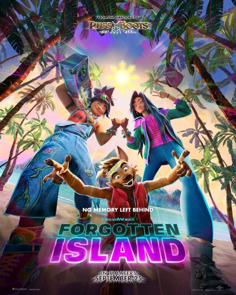Colorful Forgotten Island poster showing Jo, Raissa, and Raww posing together on a tropical beach beneath swaying palm trees and a bright Philippine sun, with the film's title glowing in neon above the September 25 theatrical release date.
