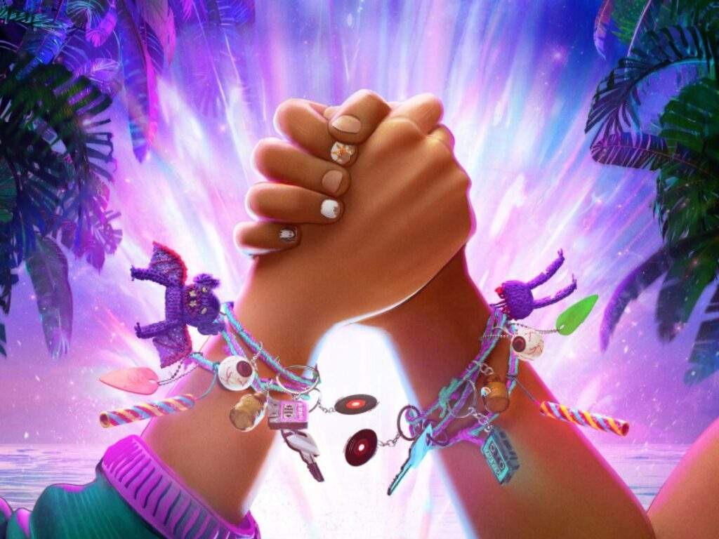 Jo and Raissa clasp hands tightly, their colorful friendship bracelets covered with shared charms and keepsakes glowing against a radiant backdrop that symbolizes the strength of their lifelong bond.
